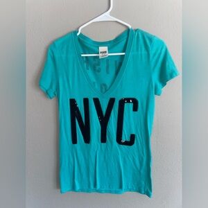 Victoria's Secret Turquoise NYC V-Neck Tee sequin